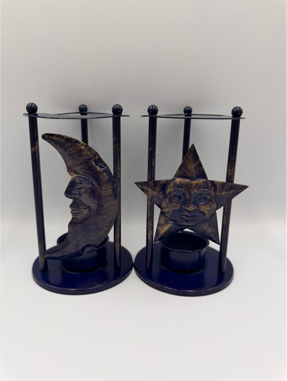 Vintage 1990s Celestial Sun Moon Metal Tealight Candle Holders Set of 2